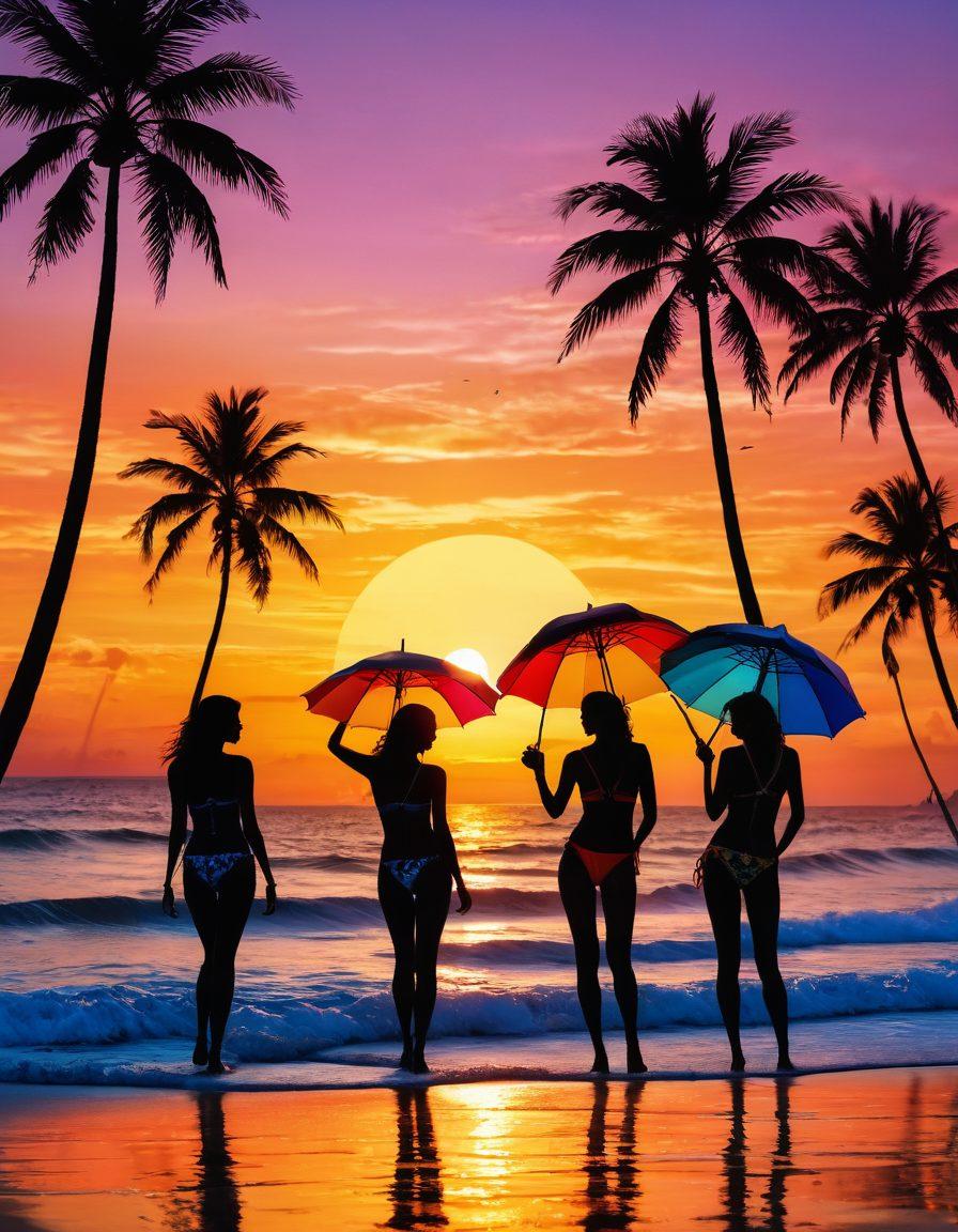 A vivid beach scene featuring a stunning sunset backdrop with models wearing stylish swimwear, playfully interacting with props symbolizing adult entertainment like colorful cocktail glasses and beach umbrellas. Soft waves lapping at the shore, and silhouettes of palm trees swaying gently. The atmosphere should be inviting yet edgy, highlighting the intersection of leisure and allure. vibrant colors. super-realistic.